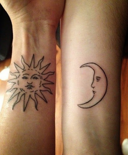 Outline Moon and Sun Tattoos On Both Forearm