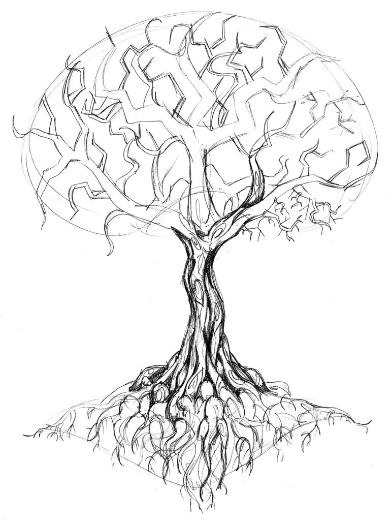 Outline Oak Tree Tattoo Design
