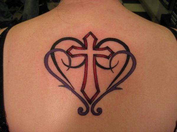 Outline Red Cross And Heart Tattoo On Upper Back