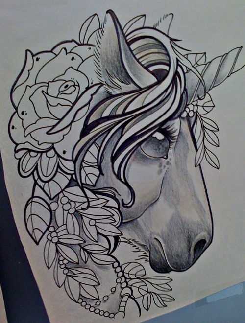Outline Rose And Gothic Unicorn Tattoo Design