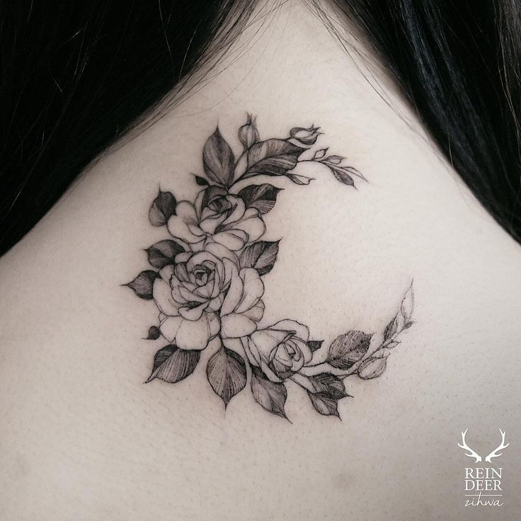 Outline Rose Flower Moon Tattoo On Upper Back
