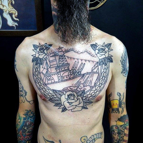 Outline Roses And Navy Tattoo On Man Chest