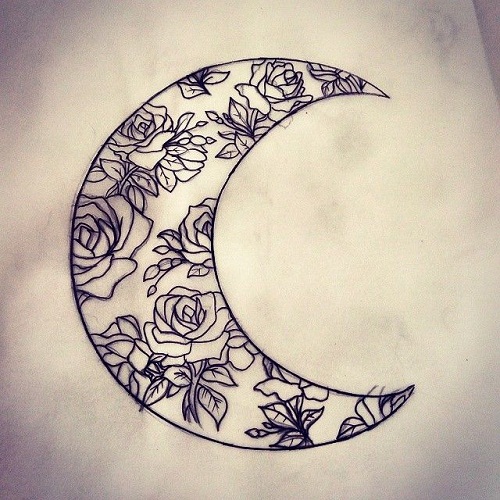 Outline Roses On Half Moon Tattoo Design