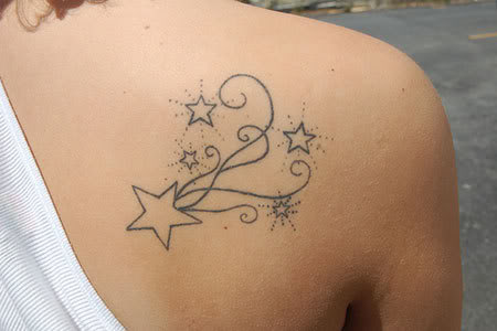 Outline Shooting Stars Tattoo On Right Back Shoulder