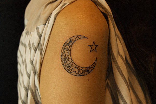 Outline Star And Crescent Moon Tattoo On Bicep