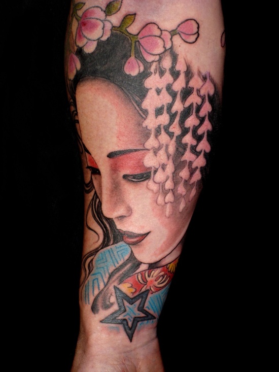Outline Star And Geisha Girl Head Tattoo On Forearm
