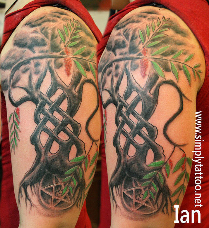 Pentagram And Ash Tree Tattoo On Half Sleeve by Ian
