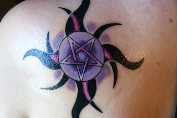 Pentagram Star Tattoo On Left Back Shoulder