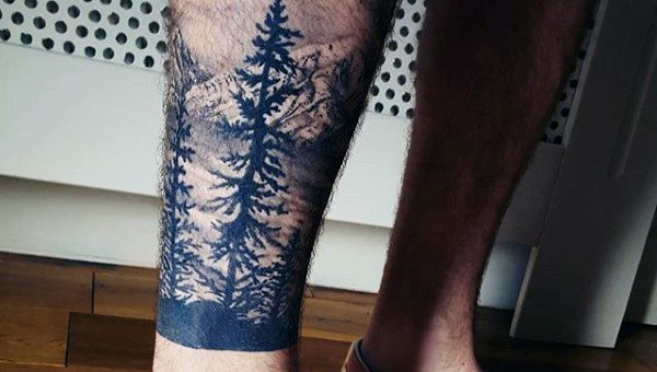 Pine Tree Tattoos On Man Right Leg