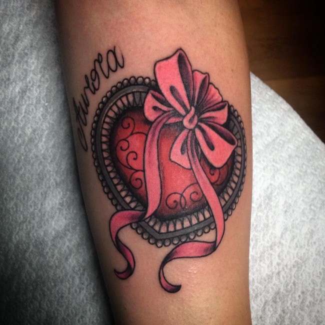 Pink Bow With Heart Tattoo On Leg