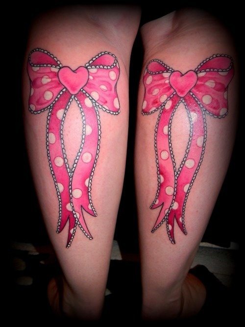 Pink Bows With Heart Tattoos On Back Legs