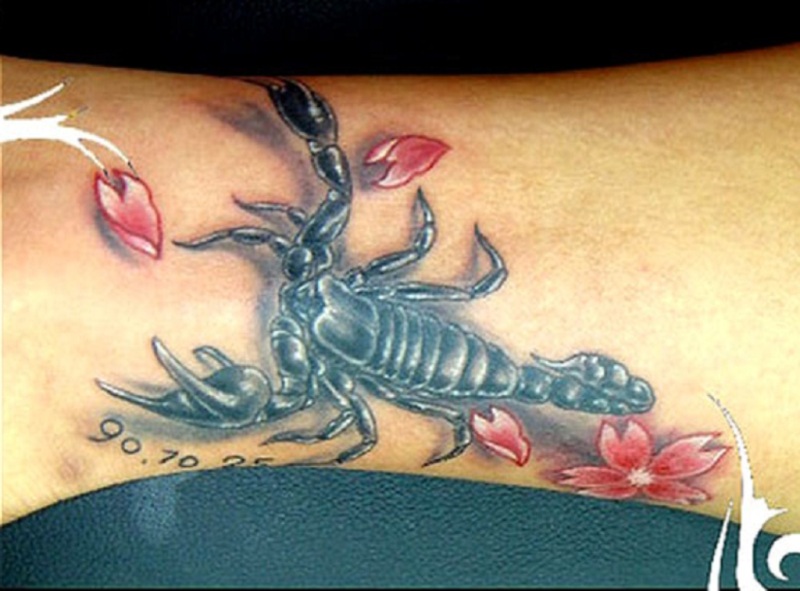 Pink Flower Petals And Feminine Memorial Scorpion Tattoo On Leg