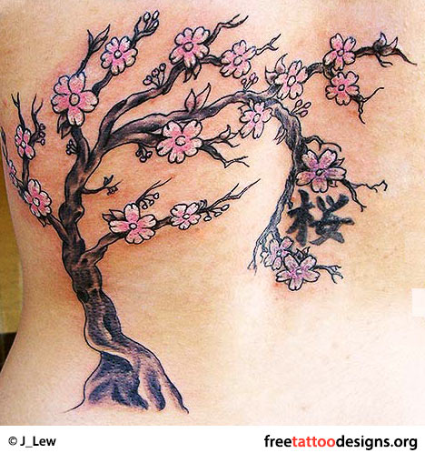 Pink Flowers Tree Tattoo On Back