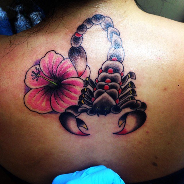 Pink Lily Flower And Girly Scorpion Tattoo On Upper Back