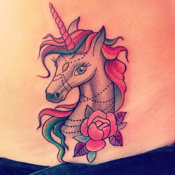 Pink Rose And Unicorn Head Tattoo