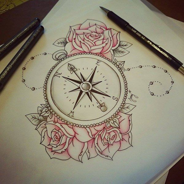 Pink Rose Flowers And Compass Tattoo Design