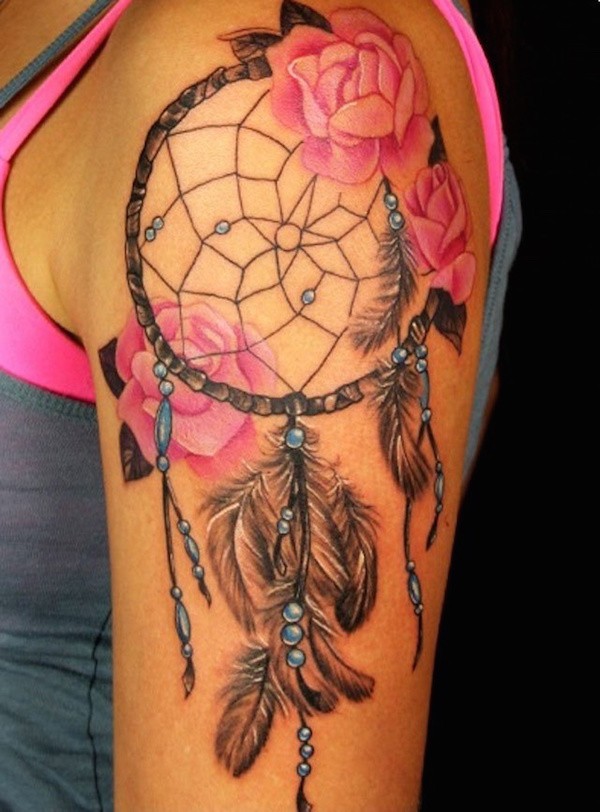 Pink Rose Flowers And Dreamcatcher Tattoo On Left Shoulder