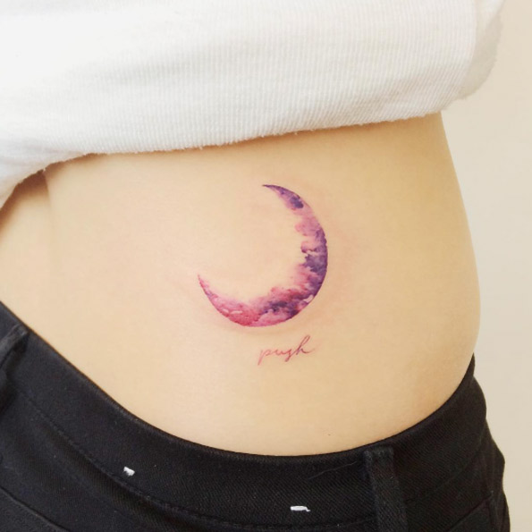 Pink Watercolor Moon Tattoo On Lower Back