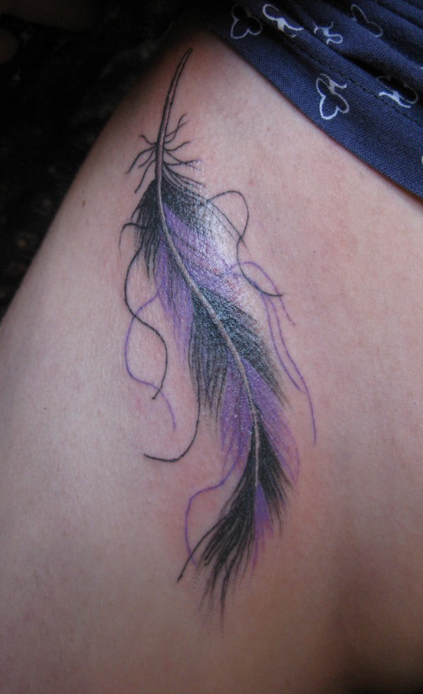 Purple And Black Ink Feather Tattoos On Side Rib