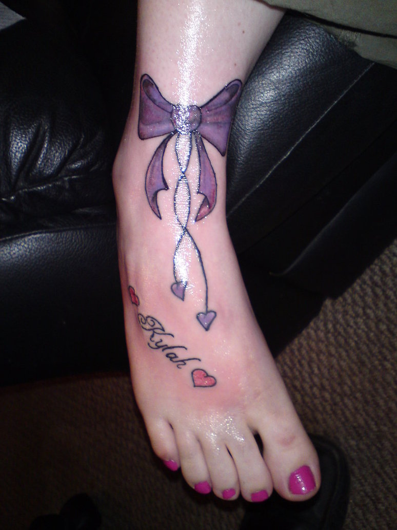 Purple Ink Bow Tattoo On Girl Ankle
