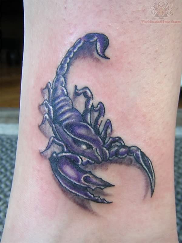 Purple Ink Feminine Scorpion Tattoo On Leg