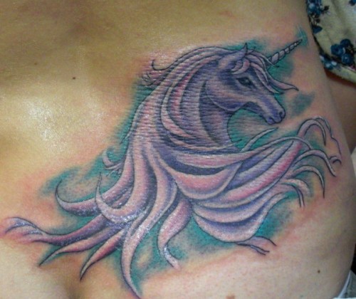 Purple Ink Feminine Unicorn Tattoo On Lower Back