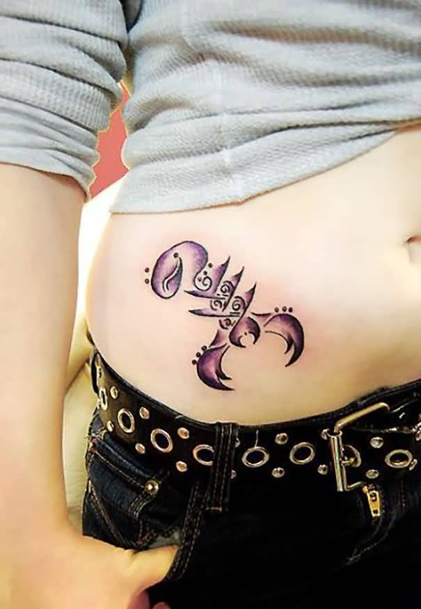 Purple Ink Girly Scorpion Tattoo On Hip