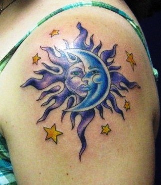 Purple Sun And Blue Moon Tattoo On Left Shoulder