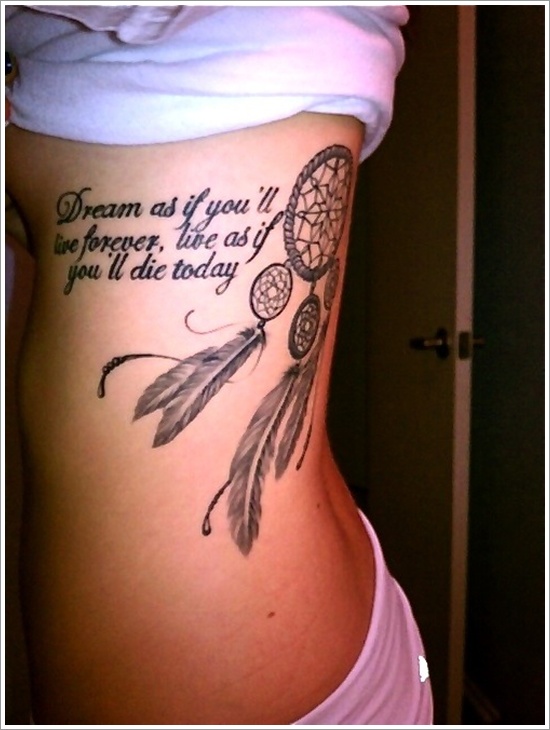 Quote And Dreamcatcher Tattoo On Girl Side Rib
