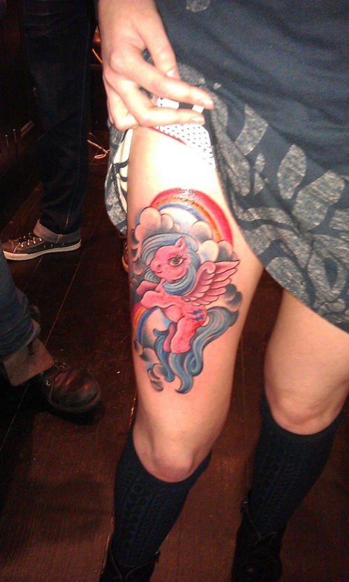 Rainbow And Gothic Unicorn Tattoo On Right Thigh