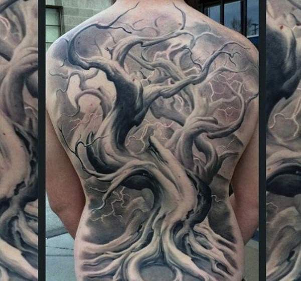 Realistic Birch Tree Tattoo On Full Back