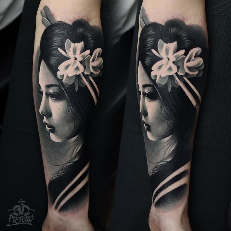 Realistic Black And Grey Geisha Head Tattoo On Forearm
