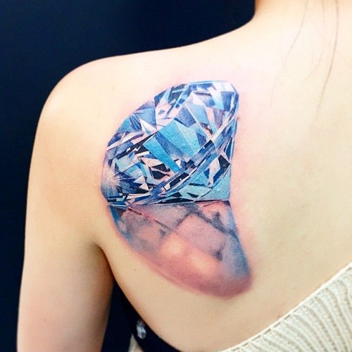 Realistic Blue Diamond Tattoo On Left Back Shoulder