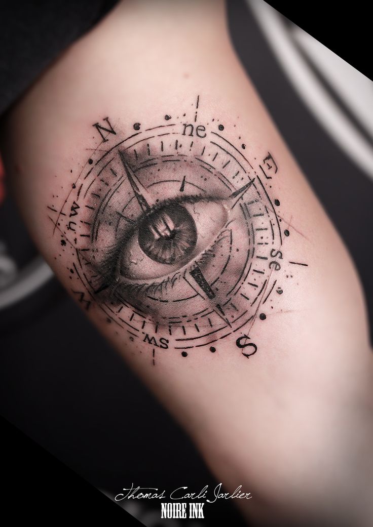 Realistic Eye In Compass Tattoo On Bicep