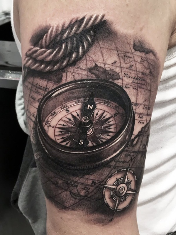 Realistic Grey Compass Tattoo On Right Bicep