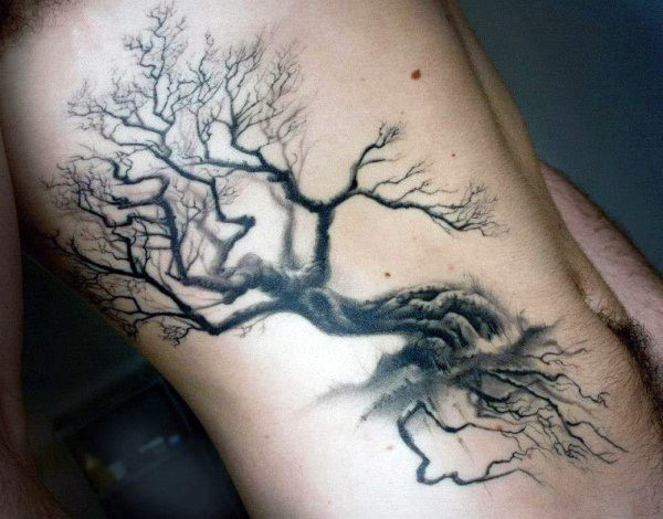 Realistic Oak Tree Tattoo On Man Side Rib