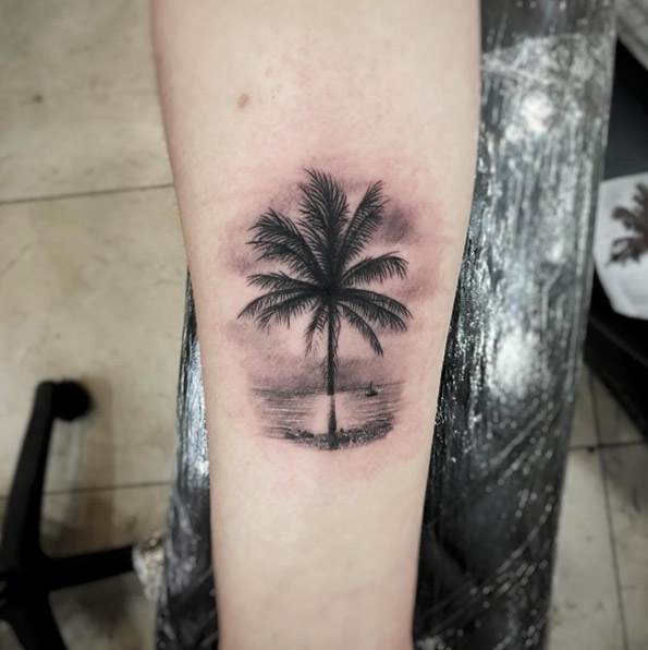 Realistic Palm Tree Tattoo On Girl Right Forearm