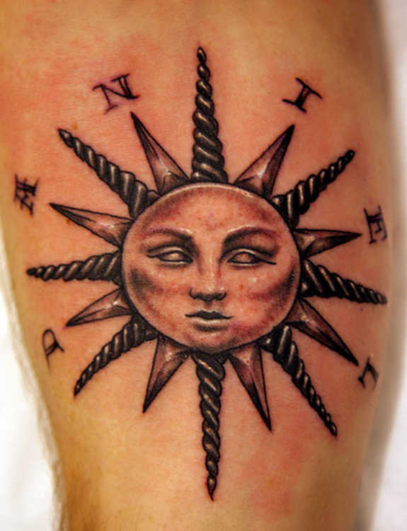 Realistinen Sun Tattoo On Man Arm Sleeve
