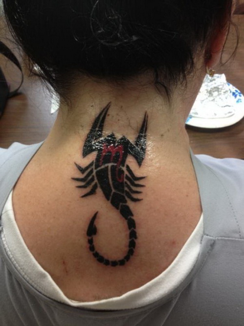 Red And Black Scorpion Tattoo On Girl Nape