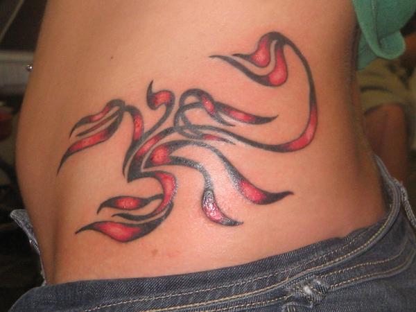 Red And Black Tribal Girly Scorpion Tattoo On Side Rib