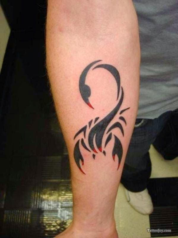 Red And Black Tribal Scorpion Tattoo On Man Right Forearm
