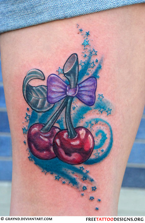 Red Cherries With Purple Bow Tattoo On Side Thigh