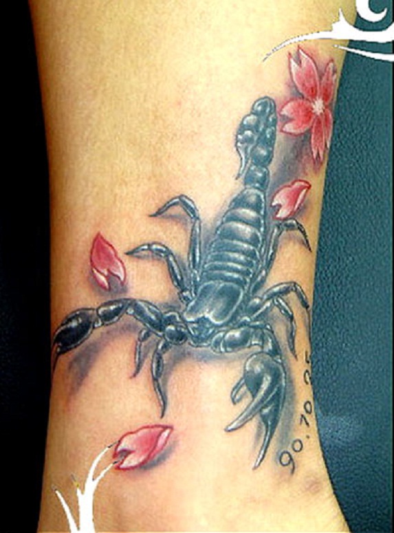 Red Flower Petals And Memorial Girly Scorpion Tattoo On Leg