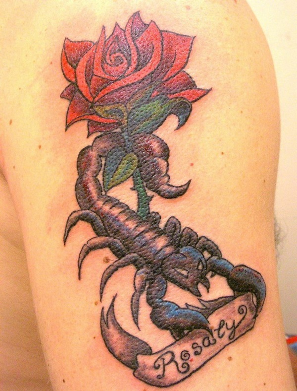 Red Rose And Scorpion Tattoo On Left Bicep