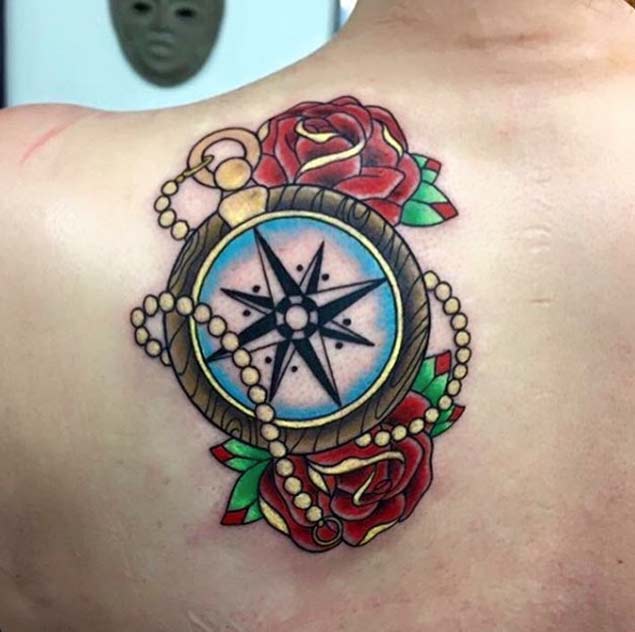 Red Roses And Compass Tattoo On Left Back Shoulder