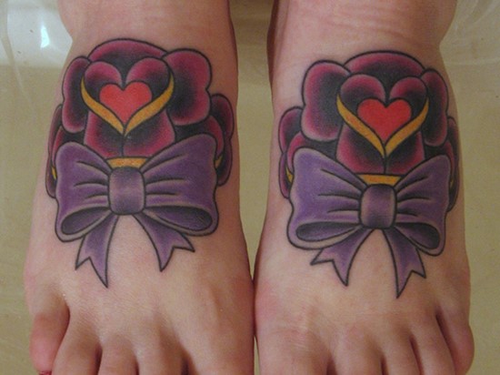 Red Roses And Purple Bow Tattoos On Feet