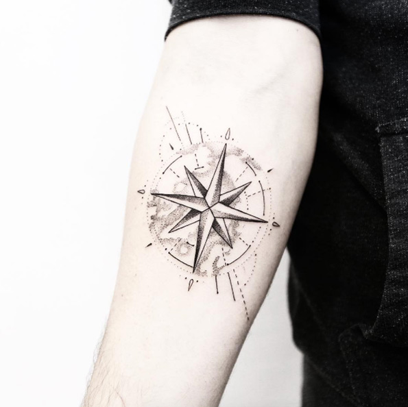 Right Forearm Dotwork Compass Tattoo Idea