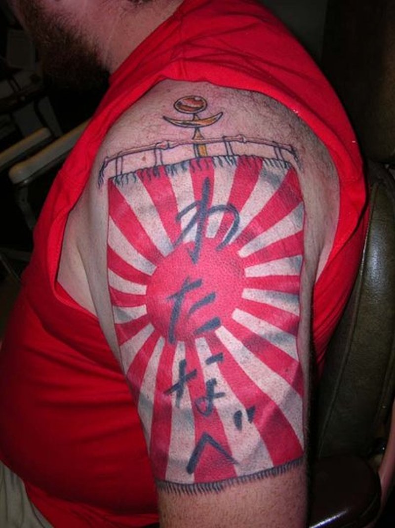 Rising Sun Flag Tattoo On Man Left Shoulder