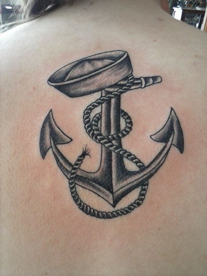 Rope Anchor Navy Tattoo On Upper Back
