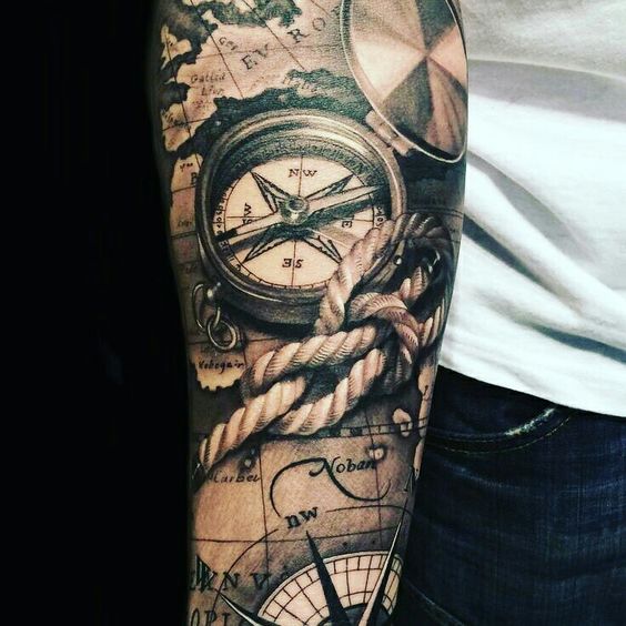 Rope Knot And Compass Tattoo On Arm Sleeve